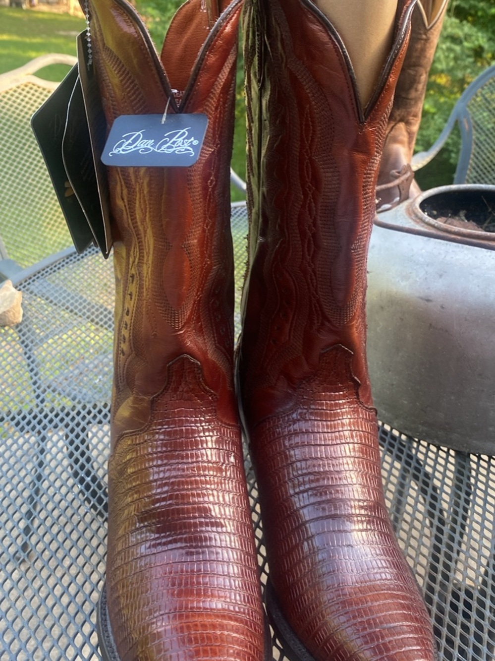 Dan Post Black and Brown Western Boot Tag with Orange Price Sticker